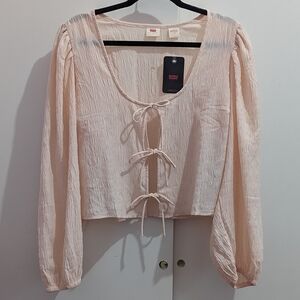 Levi's Pink Tie-Front Textured Top With Balloon Sleeves